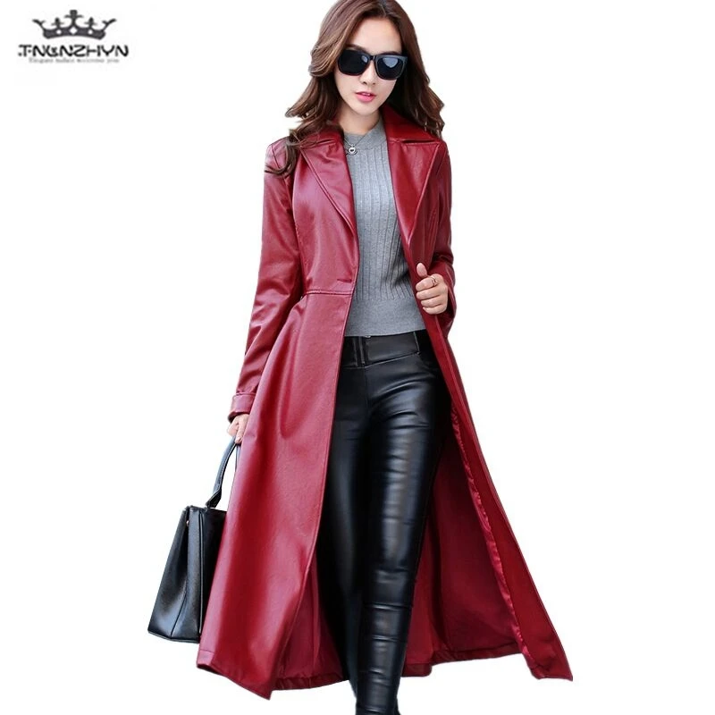 

2017 Spring Autumn Women Leather Jacket Fashion High-end PU Leather Coats X-long Belted Slim PU Leather Trench Coats SK113