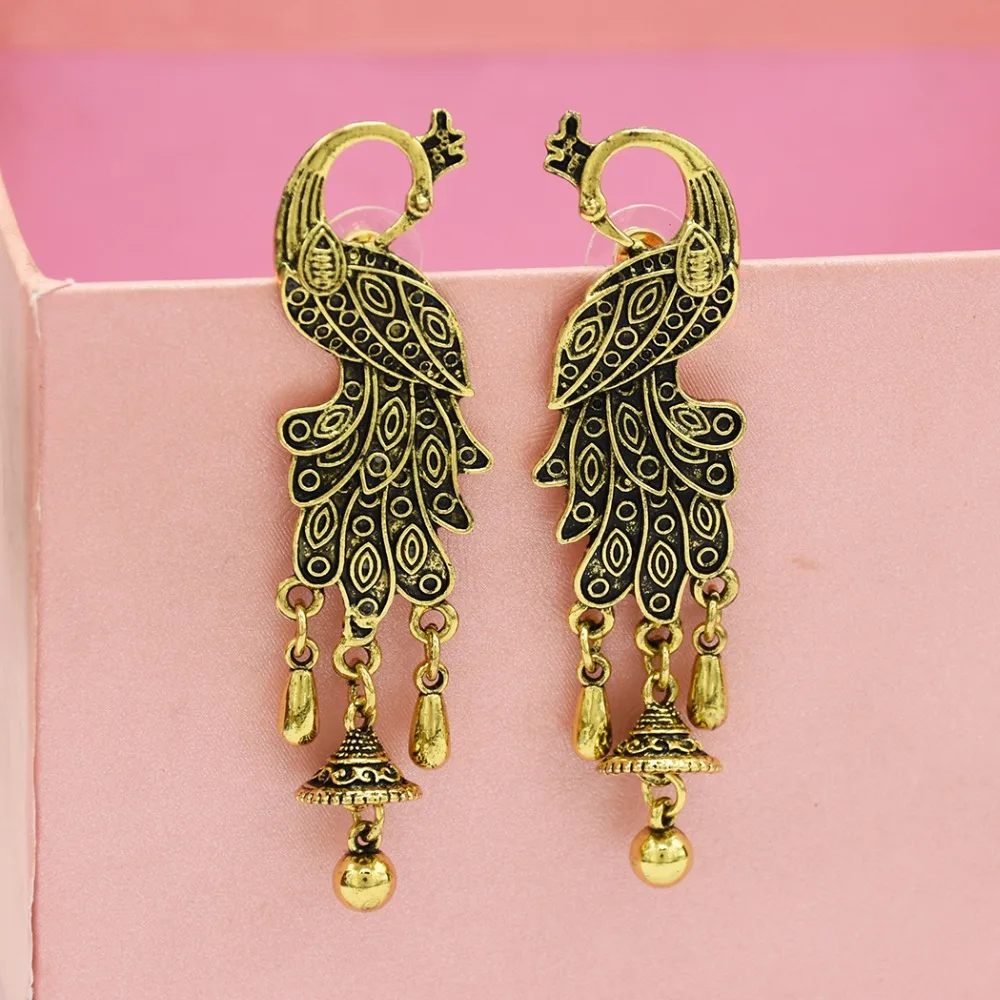 

Vintage Silver Gold Metal Jhumka Earrings oorbellen Peacock Shape Hippie Bells Drop Earring Indian Afghan Turkish Party Jewelry