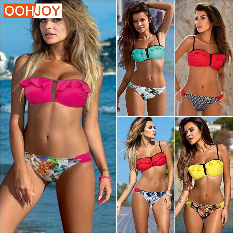 

2018 New Lotus Ruffle Bikini Women Swimsuit Bandeau Swimwear Solid Bathing Suit S-2XL Adjustable Straps Bodysuit Girl Bikini Set