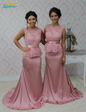 Elegant Mermaid Bridesmaid Dresses 2017 Vintage pink grey Lace cap sleeves backless Long Bridesmaid Dress Appliques court Train