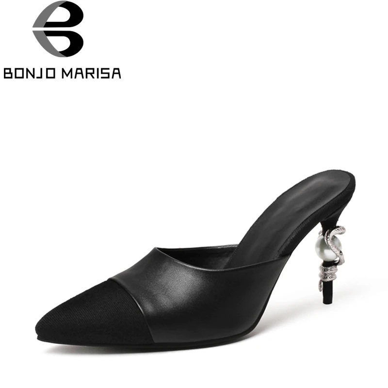 

BONJOMARISA 2018 Summer Brand Fashion Black Genuine Leather Pointed Toe Mules slip-on Pumps Decoration High Heels Shoes Woman