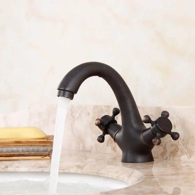 

American Copper Black Bronze Basin Faucet Retro Drawing Double Double Control Style Faucet Brass