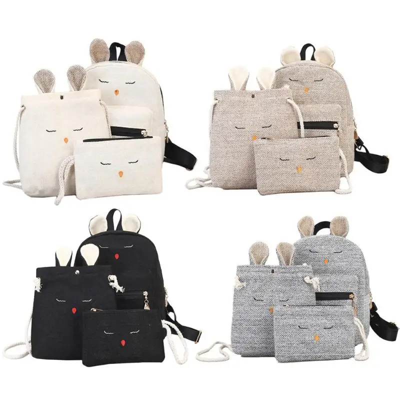 

3pcs Linen Cute Rabbit Backpack Crossbody Shoulder Bag Girls Clutch Purse Composite Bags Set Solid Lovely Messenger mochila