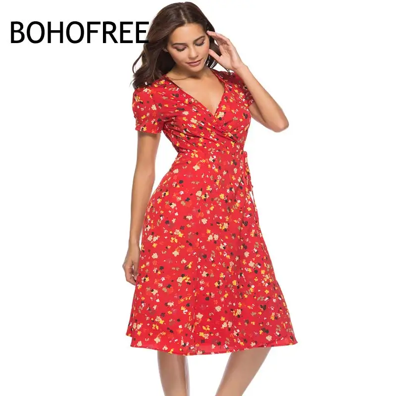 BOHOFREE Европейский Для женщин платье миди с v-образным вырезом Цветочный принт