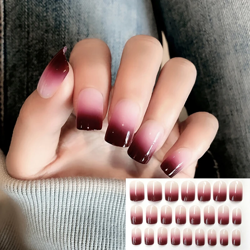 

24pcs Smooth Gradient Color Black Red False Nails Square Detachable Full Cover Fake Nail Tips With 2g Nail Glue