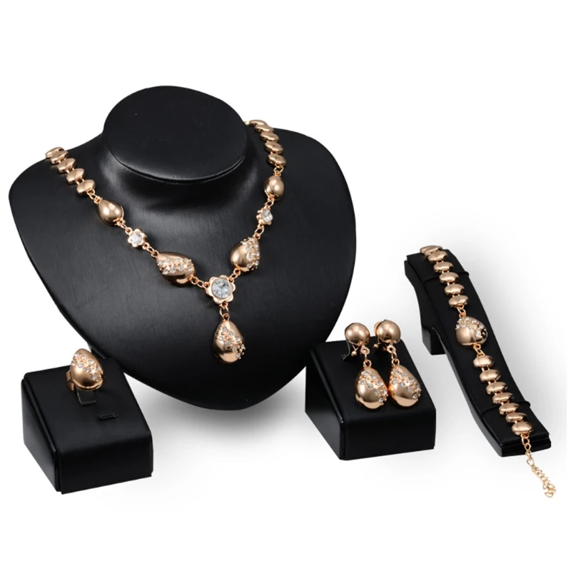 

Chic Women Jewelry 4-In-1 Set Rhinestone Pendant Necklace Earrings Ring Bracelet