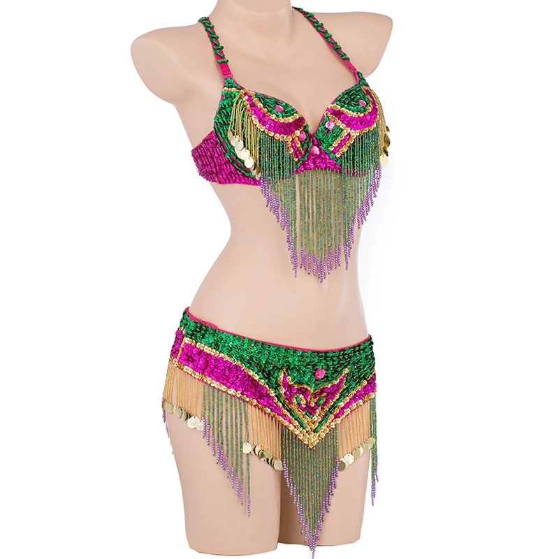 

Size S-XL Performance Women Dancewear Professional Outfit Long Oriental Beaded Belly Dance Costume Bra Belt