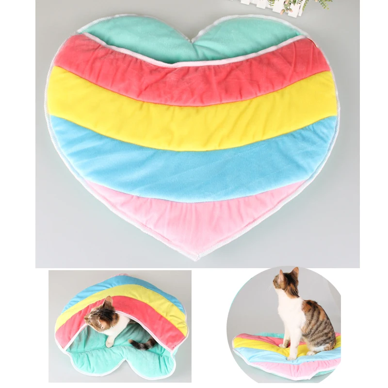 Multifunction Cat Bed Heart Shape Kat Sofa Bed Mat Sleeping Bag Rainbow