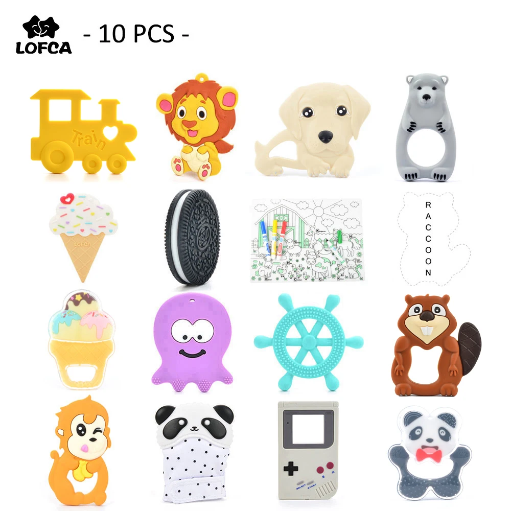 

10 pieces/ lot Silicone Baby Teether Penguin Teething Monkey Pendant Raccoon Toy Giraffe Necklace For Silicone Lion Elephant