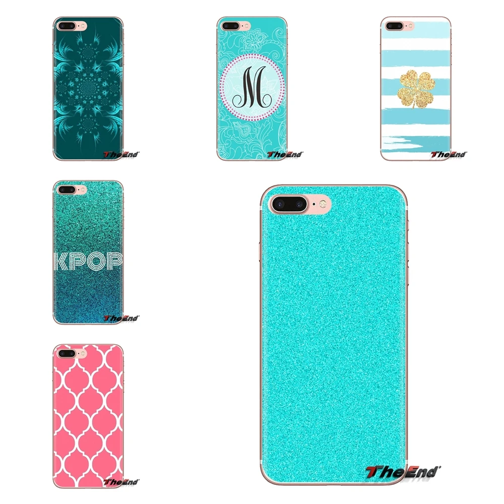 

For iPod Touch Apple iPhone 4 4S 5 5S SE 5C 6 6S 7 8 X XR XS Plus MAX Teal Blue Glitter heart strip dot Transparent TPU Bag Case