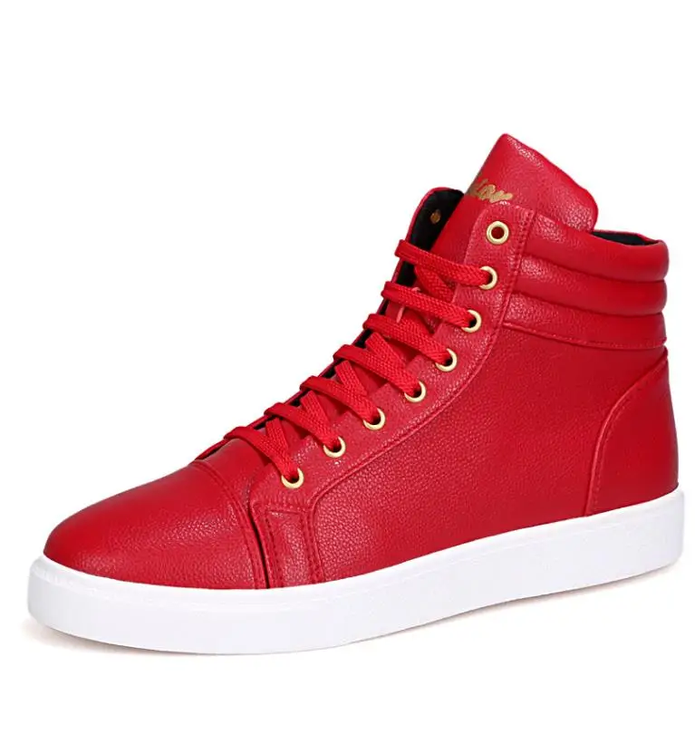 New Fashion High Top Casual Shoes For Men PU Leather Lace Up Red White Black Color Mens Casual Shoes Men High Top Shoes Retail