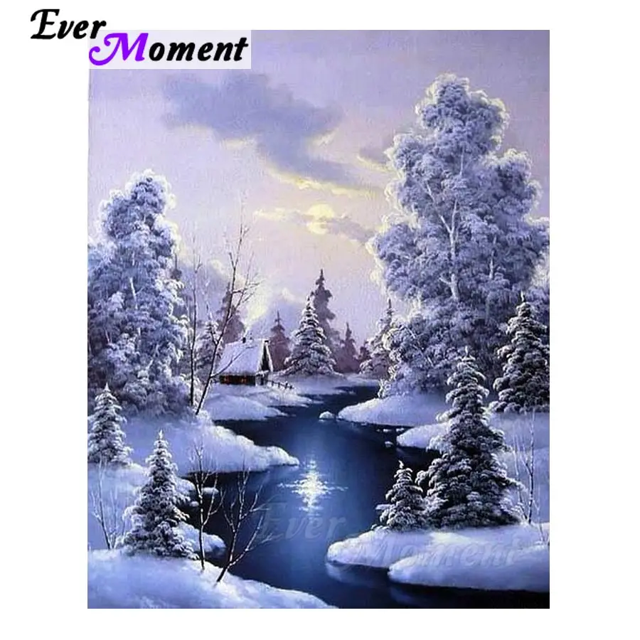 Ever Moment Diamond Painting Winter Snow Village River Scenery Full
