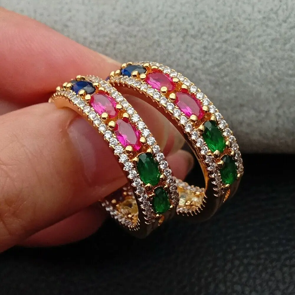 

Rainbow Earrings Multicolor CZ Circle Stud Earrings Golden Color Statement