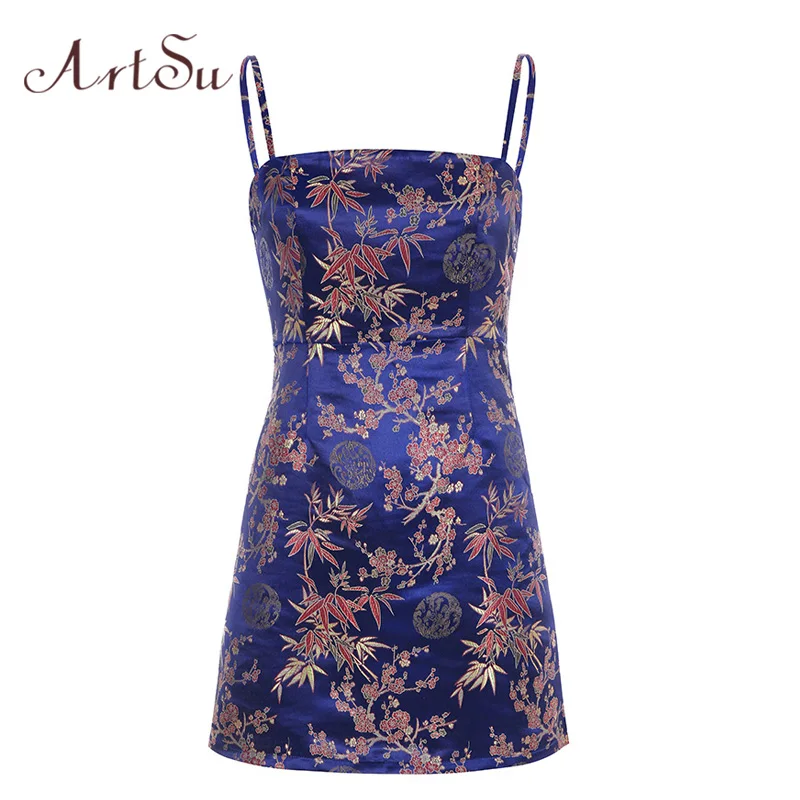 ArtSu винтажное платье без рукавов на тонких бретелях, женское облегающее мини-платье с открытой спиной, сексуальные женские платья, летние вечерние синие платья ASDR22047