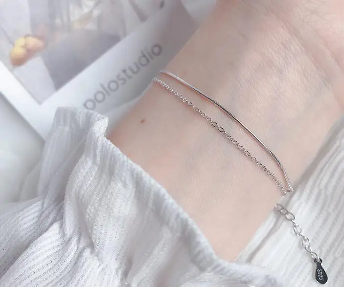 

VERY THIN SLIM 1pc Authentic 925 Sterling silver white/golds Two-Rows/multi-layers Snakebone Chian Bracelet fine jewelry TLS166