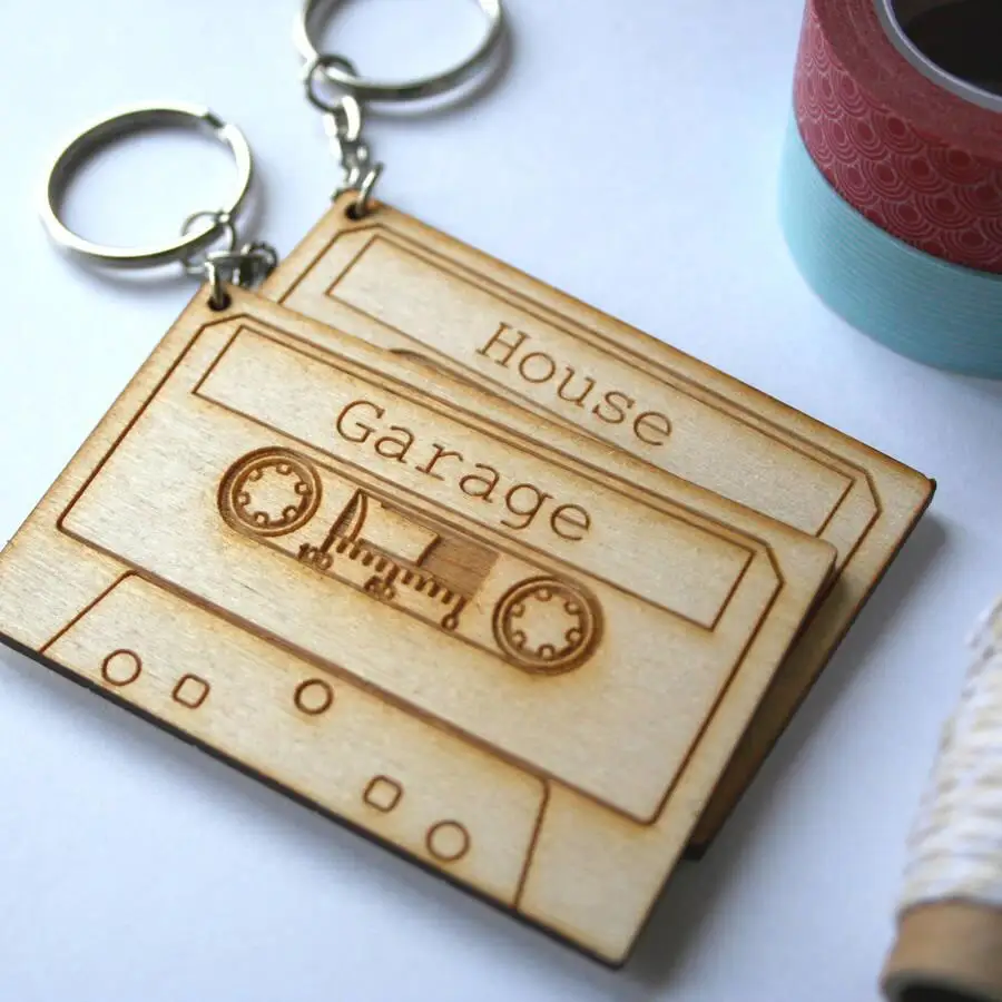 Laser cut engrave cassette tape key rings,wooden music lover tags,gift