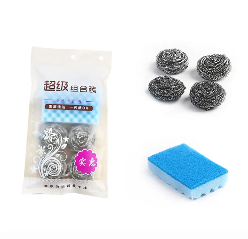 

HAICAR 1PC kitchen Sponge scouring pads +4Pcs Stainless Steel Wire Ball set Household Cleaning Tools a801 10
