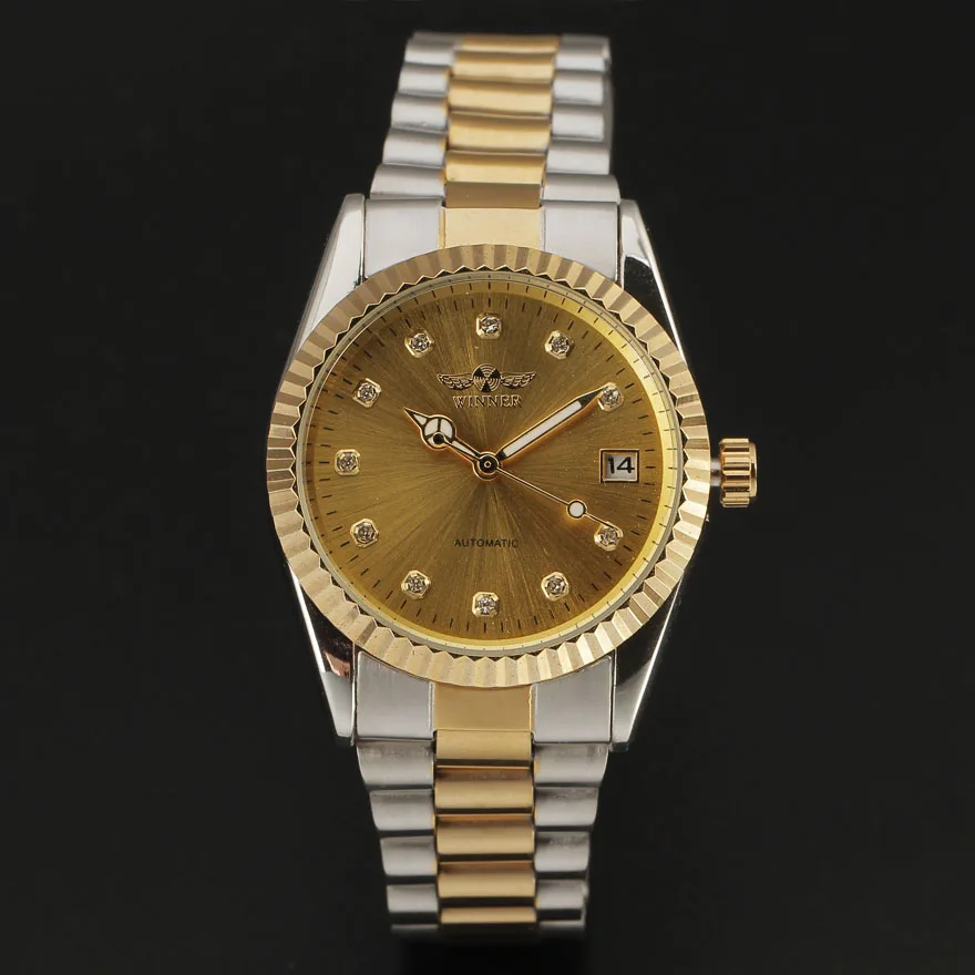 

WINNER Brand Watches Men Luxury Brand Golden Gear Case Diamond Date Dial Male Automatic Mechanical Clock Full Steel Band Relogio