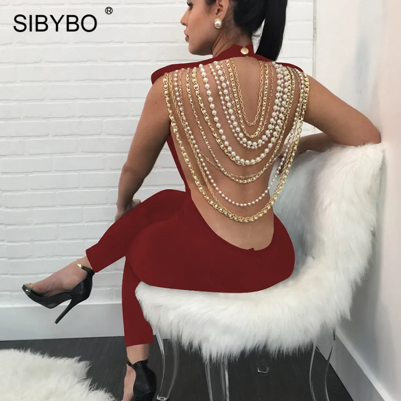 Sibybo Backless Pearl Chain Skinny Rompers Womens Jumpsuit