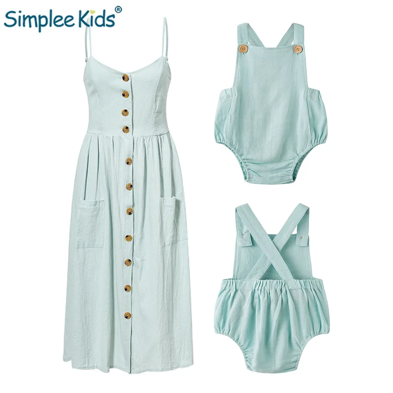

Mommy and Me Clothes Elegant Button Women Dress Pocket Polka Dots Blue Cotton Midi Dress and Baby Girl Romper Cotton&linen