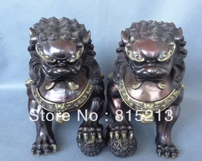 

wang 000249 11" Chinese Bronze Gilt FengShui Put Foo Fu Dog Animals Lion Ball Statue Pair
