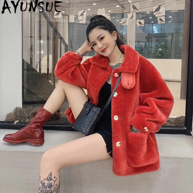 

AYUNSUE Real Sheep Shearling Fur Coat 2019 Winter Jacket Women 100% Wool Coat Female Suede Lining Korean Jackets Abrigo Mujer MY