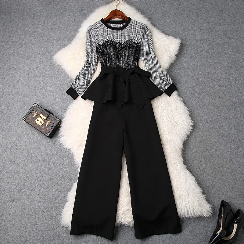 

Elegant Lady Casual Two Piece Set Outfits Top Pants Women 2019 Spring Designers Lace Patchwork Bead Plaid Top+Trousers Set