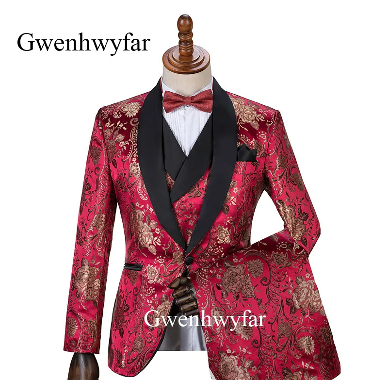 Элегантные костюмы Gwenhwyfar Jujube с красными и золотыми цветами мужские смокинги для