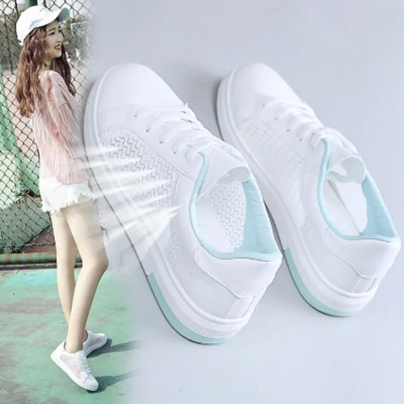 

2019 fashion women's comfortable breathable toe cap leather thick-soled sneakers ladies white casual shoes summer mesh