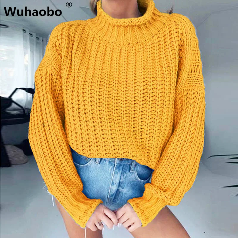 

Wuhaobo Winter Turtleneck Sweater Women Jumper 2019 Autumn Long Sleeve Loose Knitted Sweaters Pullovers Plus Size Yellow Red