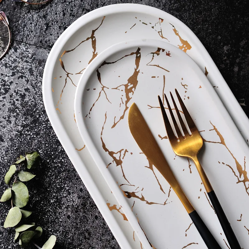 US $25.39 European Style Marble Plates Ceramic Dinner Dish Gold Inlay Porcelain Dessert Jewelry Plate Steak Salad Cake Plates Tableware