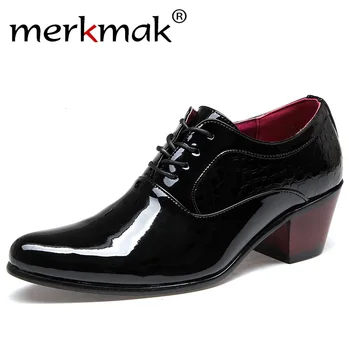 

Merkmak Men Dress Wedding Shoes Patent Glossy Leather 6cm High Heels Fashion Pointed Toe Heighten Oxford Shoes Party Prom