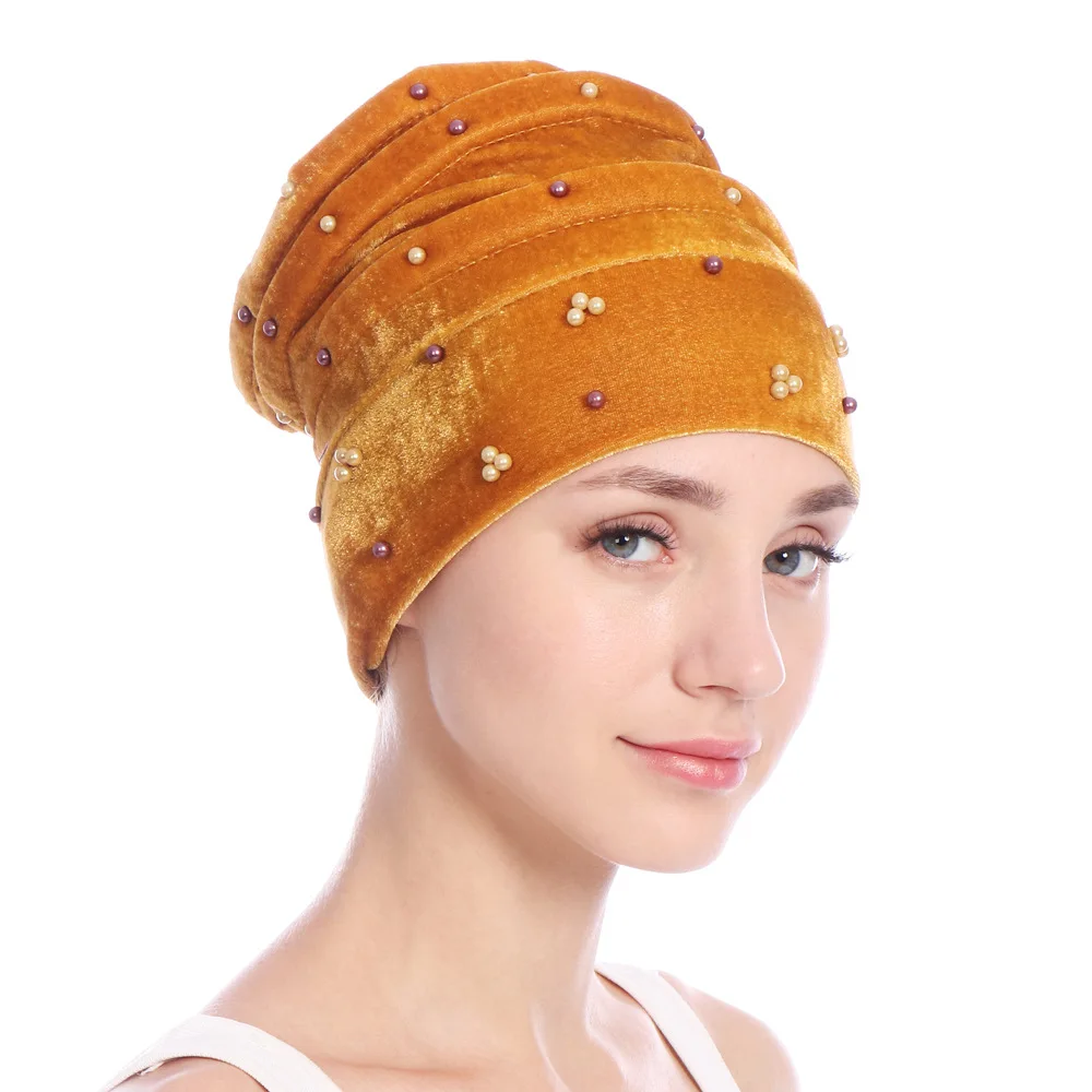 New Fashion Turban Beaded Muslim Golden Fleece Cap 11 Solid Colors