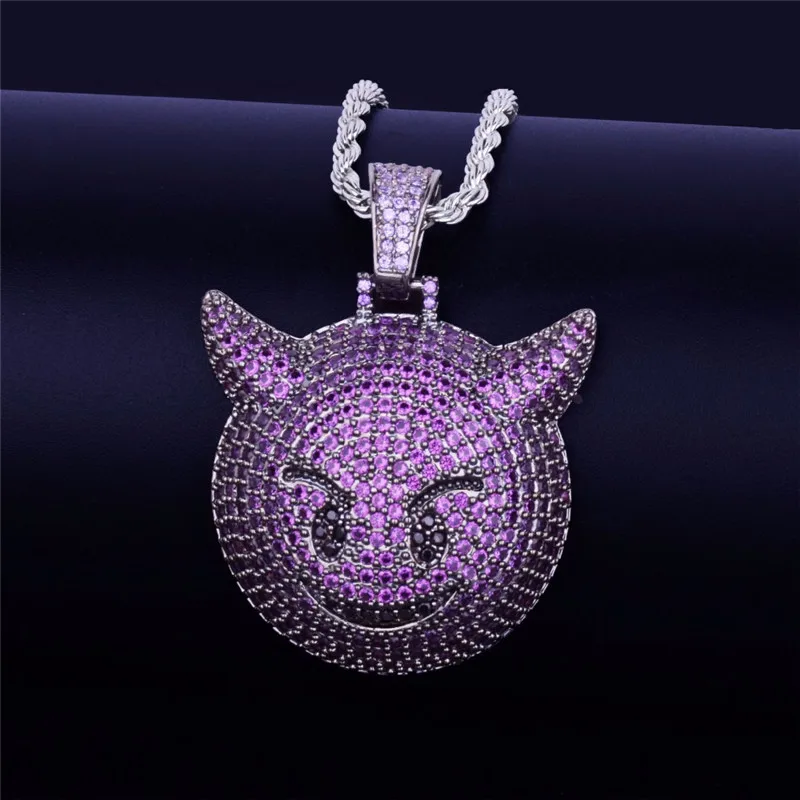 

Fashion Purple Cubic Zircon Evil Pendant Necklace Hip Hop Demon Emoji Men's Necklace Twist Chain Gold Silver Color Jewelry Gift