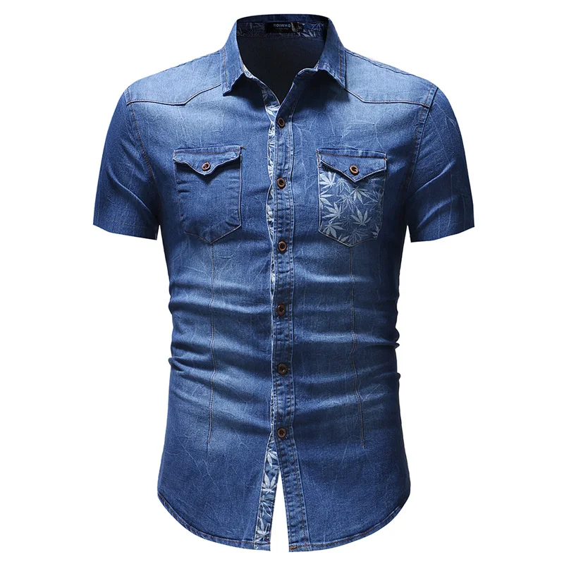 Мужская джинсовая рубашка, летняя Новинка, модная джинсовая синяя рубашка с двойным карманом, дизайнерская Повседневная обтягивающая с короткими рукавами, рубашка, Размер 3XL