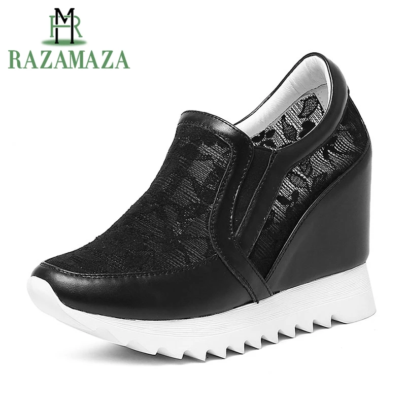 

RAZAMAZA Size 32-40 Office Lady Genuine Leather High Wedges Shoes Platform Height Increasing Shoes Fretwork Flower Lace Footwear