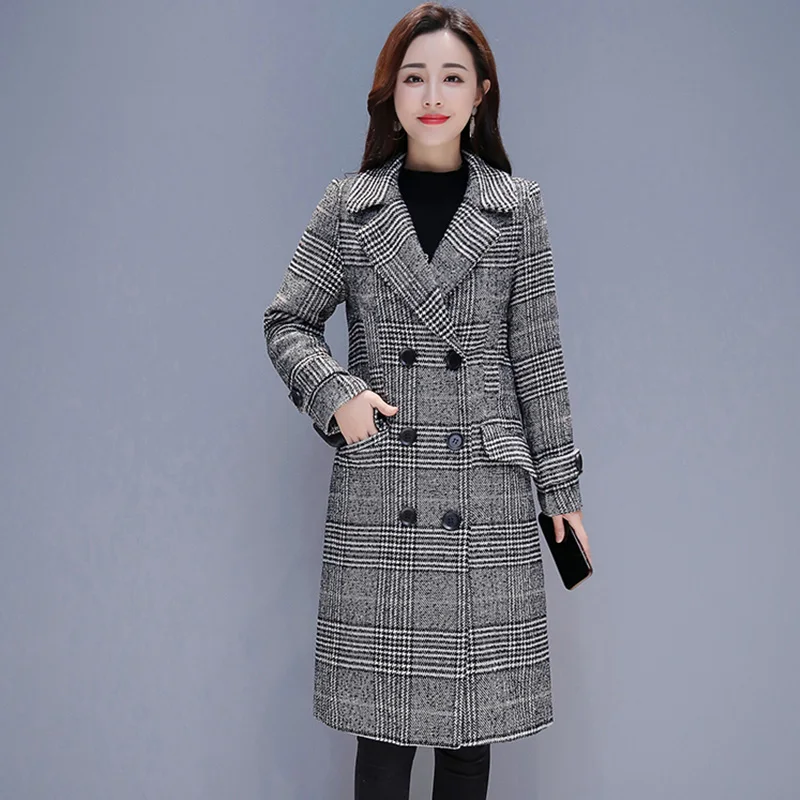 

Ailegogo Women Thickness Gray Plaid Cotton Coat Casual Loose Fit Double Breasted Medium Long Jacket Outwear Female