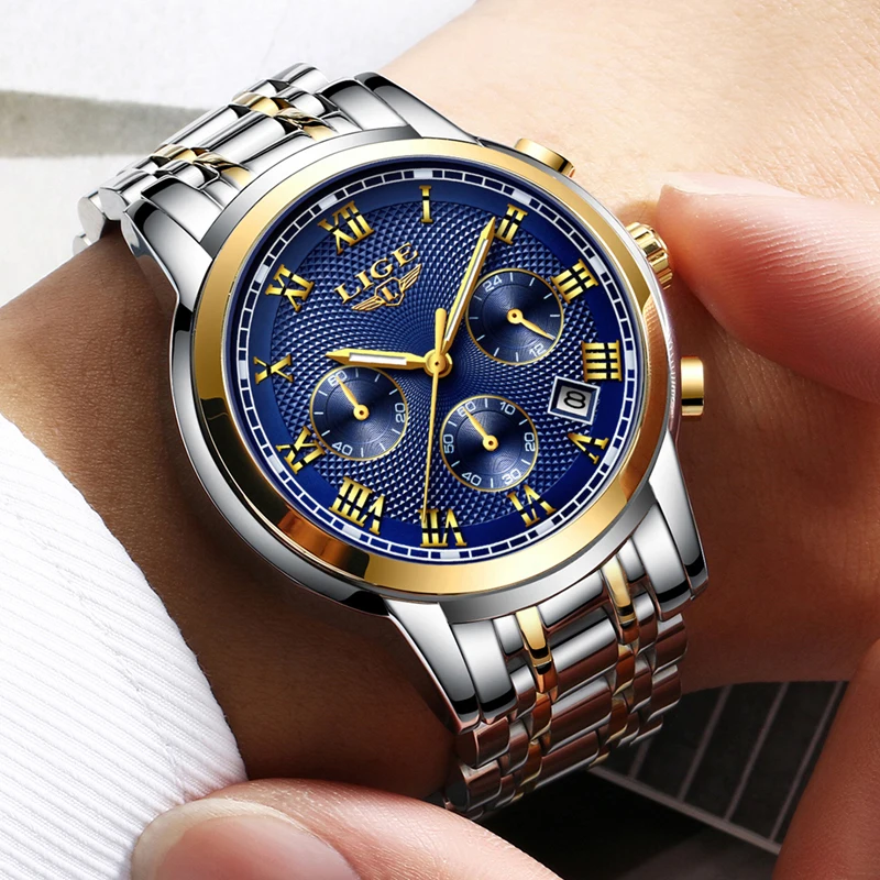 

2019 LIGE Luxury Luminous Watches Men Waterproof Stainless Steel Analogue Wrist Watch Chronograph Date Quartz Watch Montre Homme