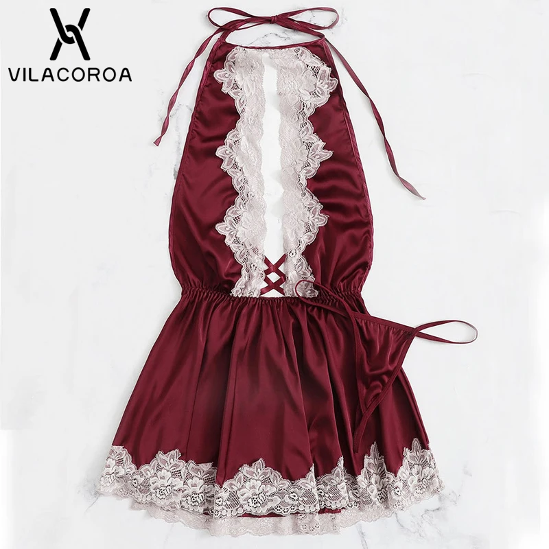 

Sexy Silk Women Nightdress Burgundy Lace Bandage Hanging Neck Sleeveless Mini Night Dress For Women Sleepwear Ladies Nighty 2019