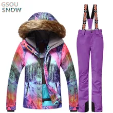 Gsou снег для женщин лыжный костюм супер теплый мех с капюшоном ветрозащитный водонепроницаемый спортивная одежда для улицы Лыжная спортивная куртка для сноуборда брюки