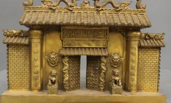 

16'' China Fengshui Folk Double Dragon Gate Two Lions Guardian Bronze Statue