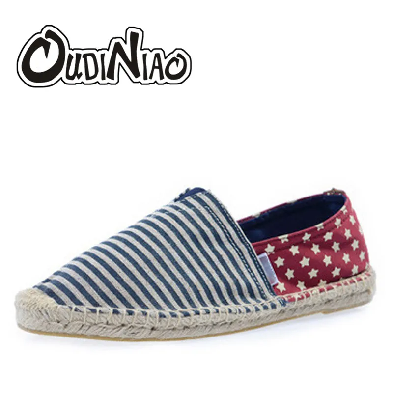 

OUDINIAO Mens Espadrilles Star Men Patchwork Slip On Summer Shoes Men Loafers Breathable Canvas Men Shoes Fashion Jute Wrapped