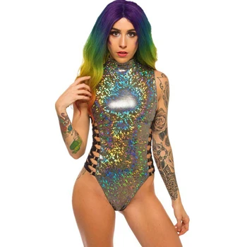 

Women Sexy Laser Holographic Bodysuit Rompers 2019 Fashion Female Musical Festival Rave Bodycon Lace Up Jumpsuit