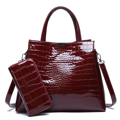 Роскошная брендовая крокодиловая женская сумка, черная, красная, лакированная кожа, женские сумки, набор, Большая вместительная сумка на плечо, женские сумки-тоут+ кошелек - Цвет: 2pcs winered bag set