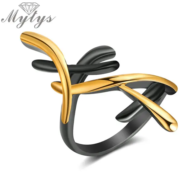 Mytys Black Gun Yellow Gold Color GP Geometric Cross Ring New Fashionable Lady J Mytys Black Gun Yellow Gold Color GP Geometric Cross Ring New Fashionable Lady J