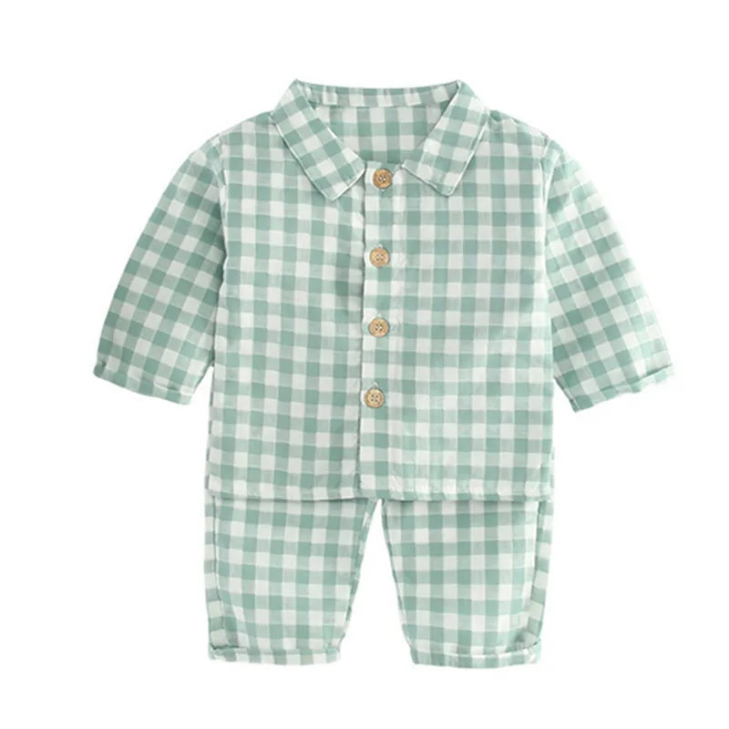 

Boys pajamas 2018 autumn girls baby children's air conditioning home service kids plaid long-sleeved trousers two set 18M03