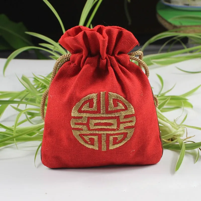 Cotton Linen Drawstring Multi-purpose Gift Bag Brown Chinese Character 8123I E 