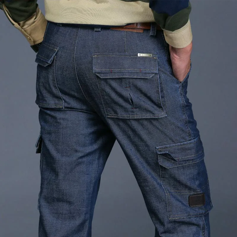 Бренд военные джинсы джинсовые штаны Для мужчин хлопок брюки карго Loose мешковатые карманы Прямые брюки осень-зима плавки