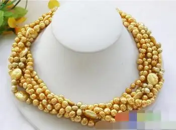 

3670 5row yellow baroque rice coin freshwater pearl design necklace