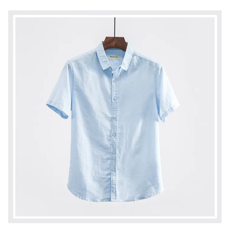 Мужские летние модные брендовые в японском стиле Простые однотонные хлопковые льняное с короткими рукавами рубашки мужские повседневные тонкие рубашки 4XL 100 кг Ткань